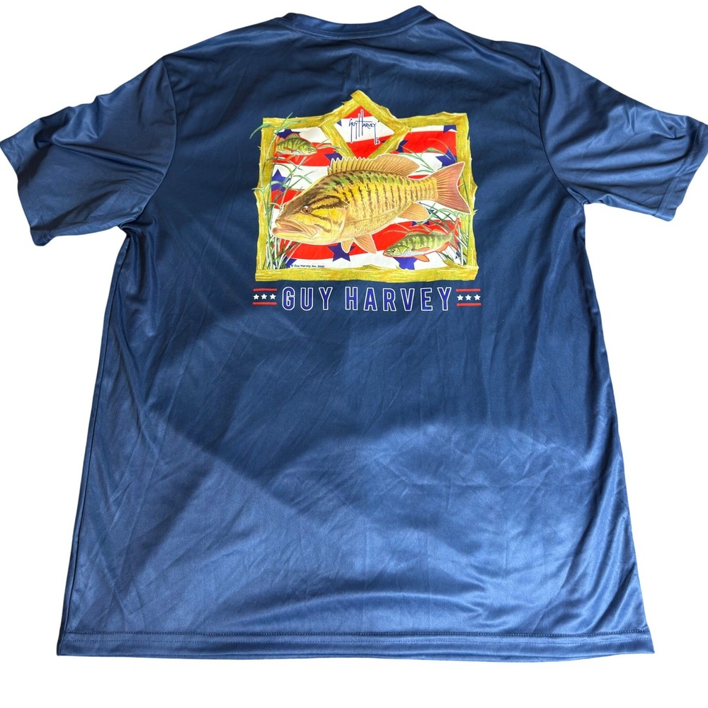 Guy Harvey Mens Navy Blue Bass American Flag Performance Fishing Shirt Large